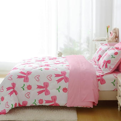 Pink Bow Comforter 7 Pieces Comforter Set Full Size Pink Flower Bow Comforter for Girls Kids Romantic Princess Style Bow Tie Bedding Set Super Soft All Season
