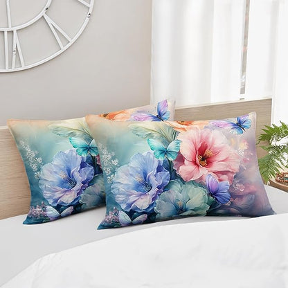 Colorful Flower Comforter Set Twin Size 3 PCS Bed in a Bag,Cute Floral Butterfly Bedding Set for Girls Teens,Ultra Soft Microfiber Comforter Bed Set with 3-Pieces, Floral Bedroom Decor