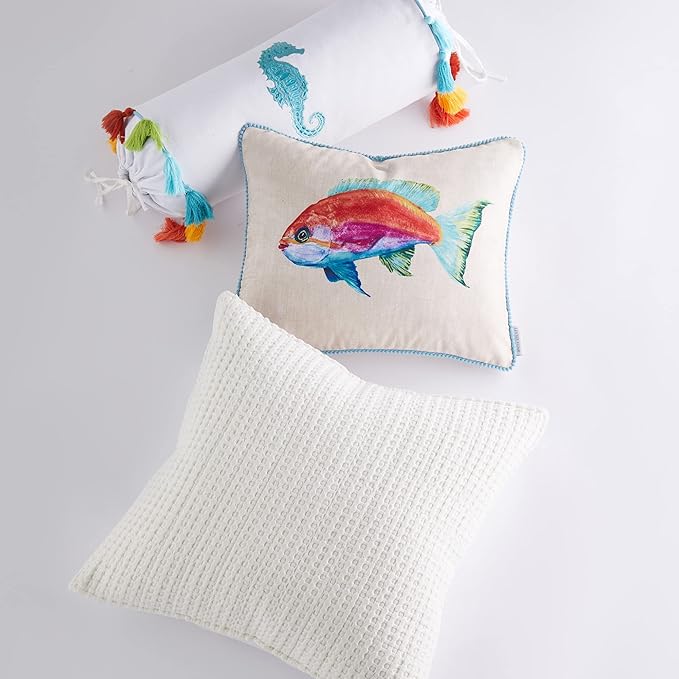Levtex Home Seahorse Embroidered Neckroll, Coastal, Embroidered, 100% Cotton, Multi