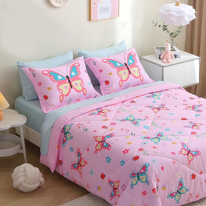 Pink Butterfly Comforter Set Twin Size for Girls Kids Teens 7 Piece Bed in A Bag Colorful Flower Leaves Bedding Set All Season Lightweight