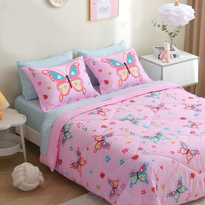 Pink Butterfly Comforter Set Twin Size for Girls Kids Teens 7 Piece Bed in A Bag Colorful Flower Leaves Bedding Set All Season Lightweight