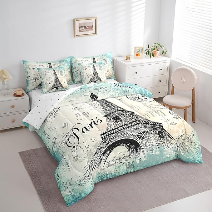 Feelyou Eiffel Tower Comforter Set Full Size 7 Pcs Girls Chic Vinatge French Comforter Bed in a Bag Paris Cityscape Bedding Set Women Eiffel Tower Lover Bed Set with Sheets, Pillowcases, Pillow Covers
