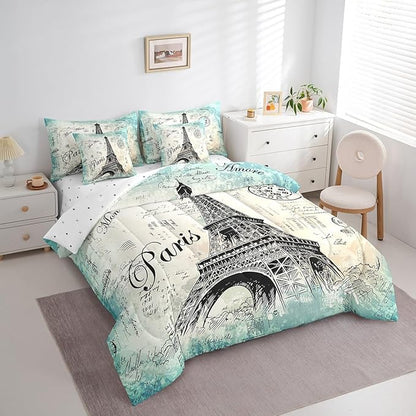 Feelyou Eiffel Tower Comforter Set Full Size 7 Pcs Girls Chic Vinatge French Comforter Bed in a Bag Paris Cityscape Bedding Set Women Eiffel Tower Lover Bed Set with Sheets, Pillowcases, Pillow Covers