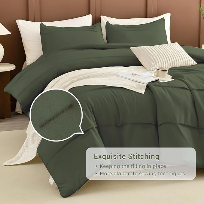 CozyTide Cotton King Size Comforter Set(106"x95"),Olive Green Pinch Pleated Bedding Set,3 Pieces Lightweight Dark Green Cal King Bedding Comforter Set Ultra Soft