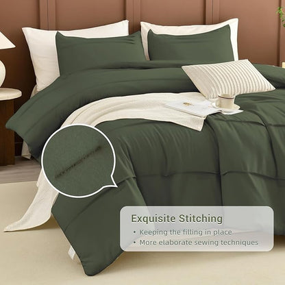 CozyTide Cotton King Size Comforter Set(106"x95"),Olive Green Pinch Pleated Bedding Set,3 Pieces Lightweight Dark Green Cal King Bedding Comforter Set Ultra Soft