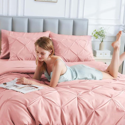 JOLLYVOGUE Twin XL Comforter Set 5 Pieces - Bed in a Bag Twin XL for All Season, Pintuck Bedding Comforter Sets with Comforter, Flat Sheet, Fitted Sheet and Pillowcases & Shams, Pink