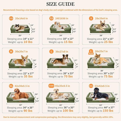 Comfort Expression Orthopedic Dog Bed for Extra Large Dogs 42x30 Inch, Waterproof Egg Crate Foam XL Pet Bed with Removable Bolsters, Dog Couch with Washable Cover & Non-Slip Bottom, Light Green