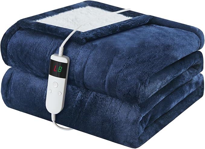 Electric Heated Blanket Throw Size 50''x60'' Soft Flannel & Sherpa Electric Blanket with 10 Heating Levels, Automatically Shut Down After 8h with Overheat Protection Machine Washable