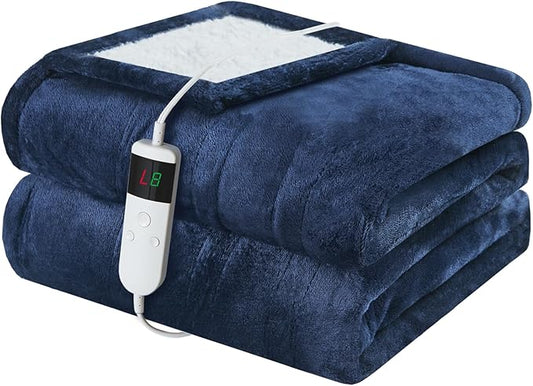 Electric Heated Blanket Throw Size 50''x60'' Soft Flannel & Sherpa Electric Blanket with 10 Heating Levels, Automatically Shut Down After 8h with Overheat Protection Machine Washable