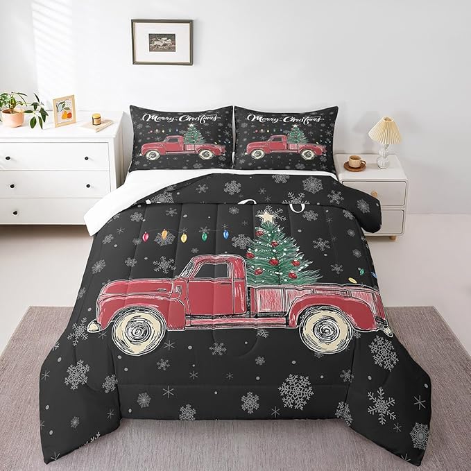 Castle Fairy Merry Christmas Theme Kids Comforter Set Full,Xmas Tree Red Truck Snowflake Watercolor Graffiti Print Bedding Set for Boys Girls Teens Bedrrom Decor,Farmhouse Vintage Rustic Quilt 3 Pcs