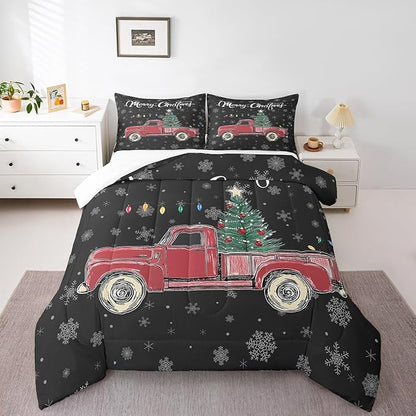 Castle Fairy Merry Christmas Theme Kids Comforter Set King,Xmas Tree Red Truck Snowflake Watercolor Graffiti Print Bedding Set for Teenager Bedrrom Decor,Farmhouse Vintage Rustic Quilt 3 Pcs