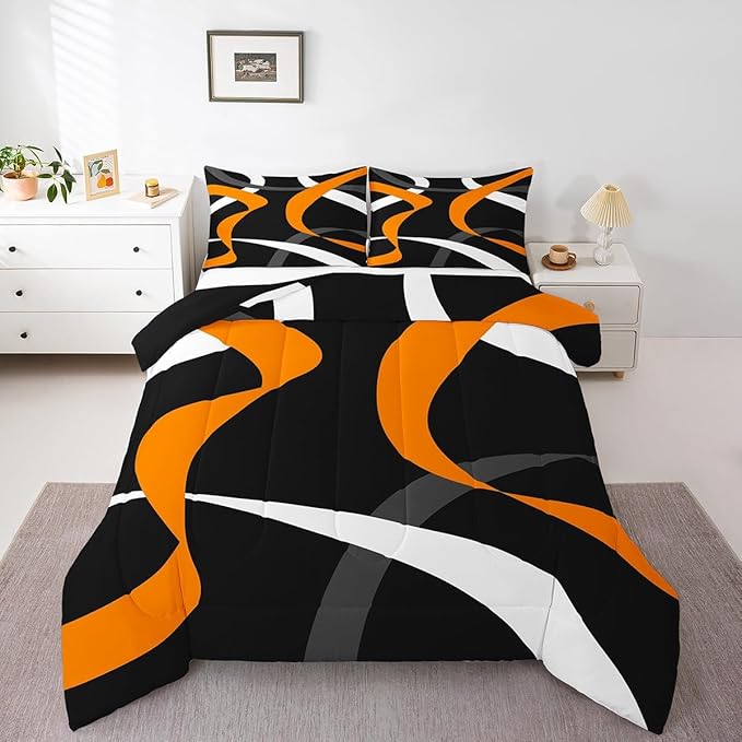 Erosebridal Abstract Black Orange Bedding Comforter Sets Dark Grey White Striped Bedding Set Twin Geometric Stripes Down Comforter for Kids Boys Adults Men Modern Fashion Quilt Duvet