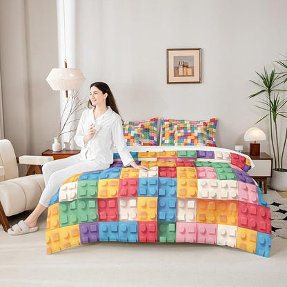 Feelyou Building Block Print 7 Piece Bedding Set Queen Size Kids Brick Styles Comforter Set with Sheets for Boys Teens Colorful Gaming Bed in a Bag Green Red Yellow Blue Room Decor