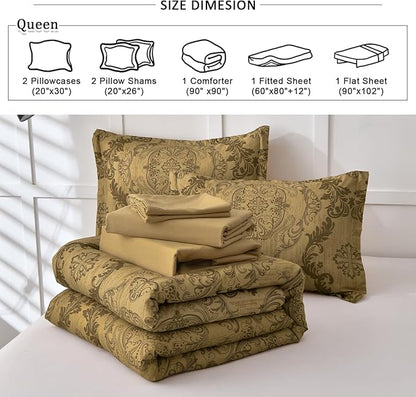 WONGS BEDDING Gold Comforter Set Queen Size, Damask Texture Design 7 Pieces Bed in a Bag Microfiber Comforter Bedding Sets -1 Comforter, 1 Flat Sheet, 1 Fitted Sheet, 2 Pillow Shams, 2 Pillowcases