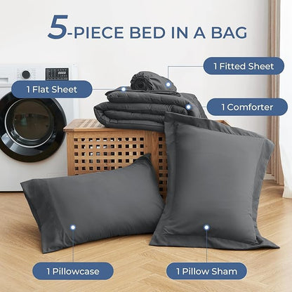 Sasttie Twin XL Comforter Set, 5 Pieces Twin XL Bed in a Bag, Complete Bedding Set Includes Grey Comforter, Flat Sheet, Fitted Sheet, Pillowcase and Pillow Sham, Dark Grey