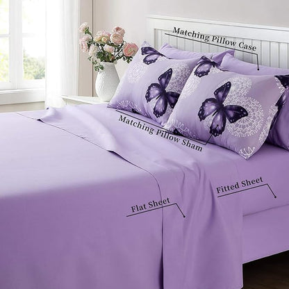 ARTALL Bed in A Bag Twin Size 6 Pieces, Purple Butterfly All Season Bedding Comforter Bed Set with Pillow Sham, Flat Sheet, Fitted Sheet, Bed Skirt, Pillowcase