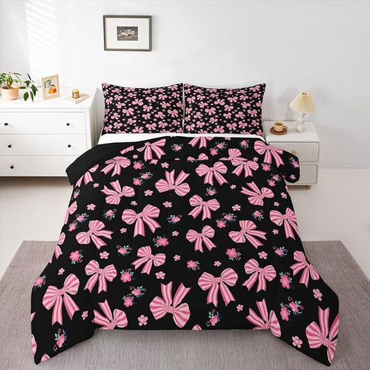 Feelyou Black Pink Bow Bedding Set Soft for Boys Girls, Cute Floral Comforter Set Queen Size Cute Bowknot Duvet Quilt Microfiber Kawaii Bedroom Decor 3 Pcs with 2 Pillow Cases