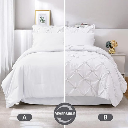 JOLLYVOGUE White Full Size Comforter Sets 7 Pieces, Pintuck Bed in a Bag Comforter Set for Bedroom, Bedding Comforter Sets with Comforter, Sheets,Ruffled Shams & Pillowcases