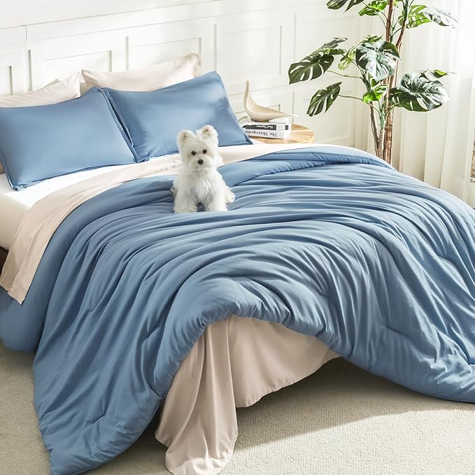 Litanika Comforters Queen Size Set Grayish Blue, 3 Pieces Lightweight Solid Bedding Comforter Set, All Season Fluffy Bed Set (90x90In Comforter & 2 Pillowcases)