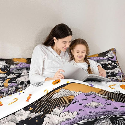 Erosebridal Boys Gothic Halloween Comforter Set Toddler, Horror Skull Bedding Set Spooky Halloween Decor Comforter for Kids Teens Adults Gothic Bedroom Decor, Moon and Stars Mushroom Quilt 2 Piece