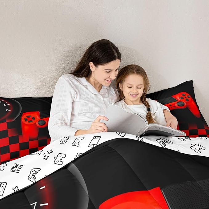 Erosebridal Gamer Bedding Sets for Boys，Gaming Comforter Sets King for Kids Teen Boys Gamer Room Decor,Video Game Gamepad Duvet Insert,Plaid Check Grid Artwork Down Comforter 3pcs,Black Red