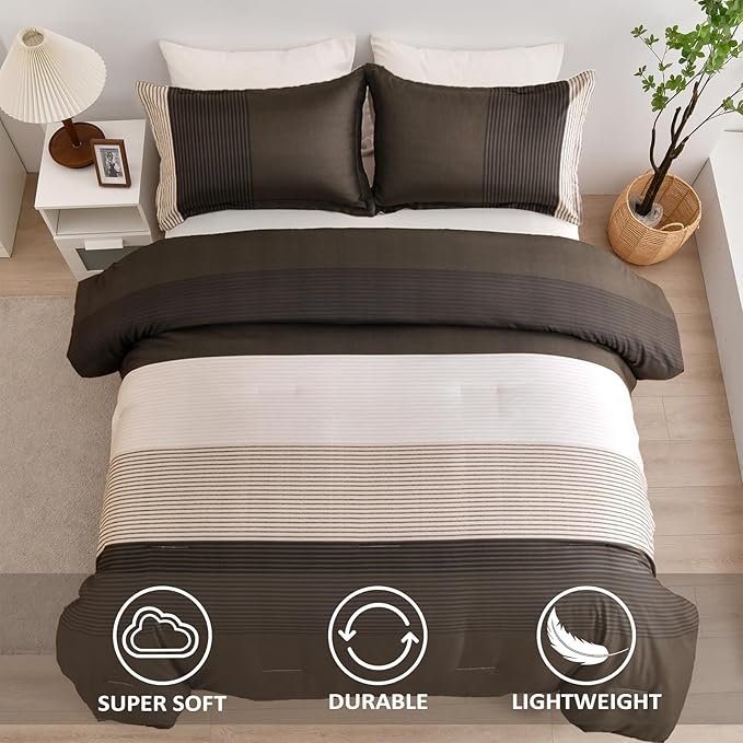 Brown Comforter Set Queen, Reversible Brown Striped Down Alternative Comforter for Queen Bed,3 Pieces (1 Comforter+2 Pillowcases), Soft Microfiber Bedding Duvet Set 90"×90"