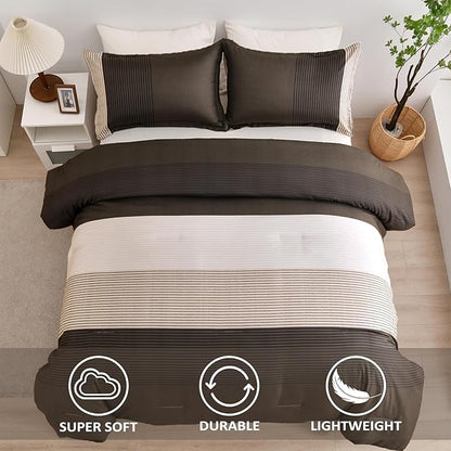Brown Comforter Set Queen, Reversible Brown Striped Down Alternative Comforter for Queen Bed,3 Pieces (1 Comforter+2 Pillowcases), Soft Microfiber Bedding Duvet Set 90"×90"