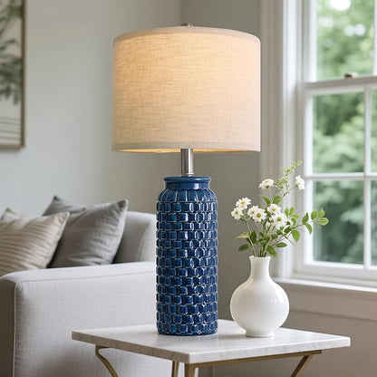 24 inches Modern Ceramic Dark Blue Bedside Lamp Set of 2 for Bedroom Decor Farmhouse Table Lamp for Living Room Office Dorm