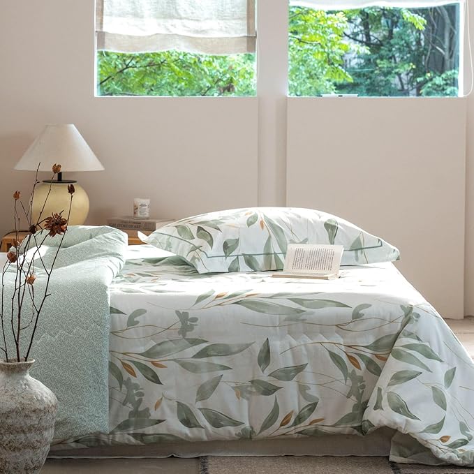 Cotton Comforter Queen Size Set – White Green Botanical Leaves Cotton Shell Bedding, Soft & Breathable, All-Season Down-Alternative Fill, Includes 1 Comforter & 2 Pillow Shams