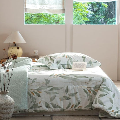 Cotton Comforter King Size Set – White Green Botanical Leaves Bedding, Soft & Breathable Comforter, All-Season Down-Alternative Filling, 1 Comforter & 2 Pillow Shams