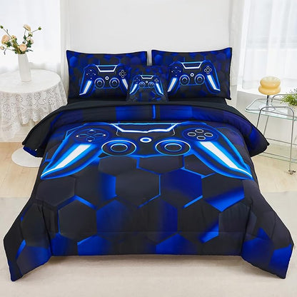 URBONUR Blue Gamer Comforter Set Queen Size for Teen Boy Bedding Sets 3D Gaming Geometric Printed Soft Microfiber Kids Bed in A Bag