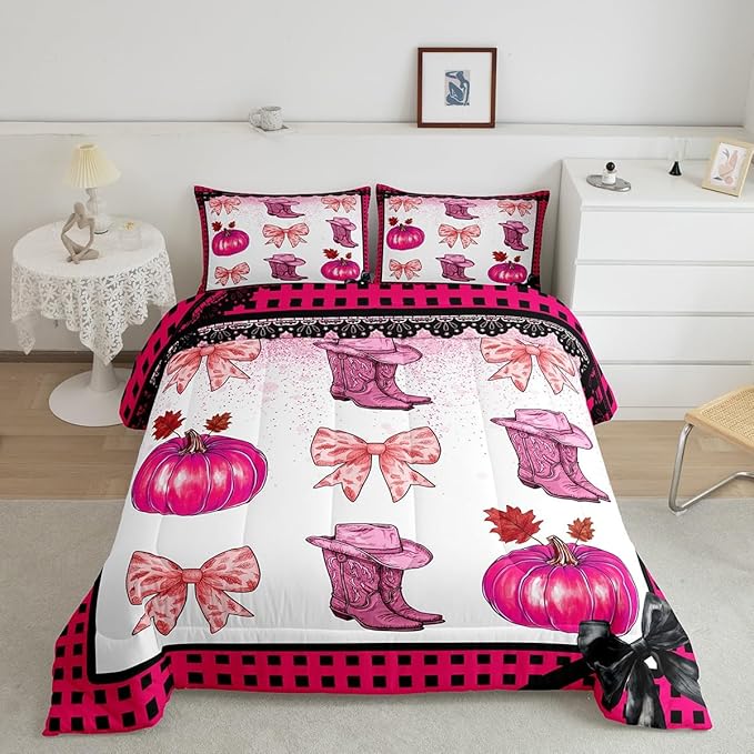 Erosebridal Pink Kawaii Cowgirl Bedding Comforter Sets King for Kids Girls Teen Women,Western Cowboy Boots Hat Bedding Set Cute Bowknot Pumpkin Comforter Set,Plaid Decor Quilt Duvet 2 Pillow Cases