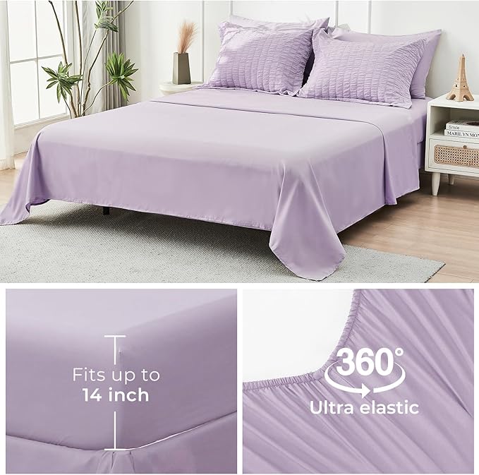 HYMOKEGE Lavender California King Comforter Set Seersucker 7 Pieces, All Season Luxury Bed in a Bag for Bedroom, Bedding Set with Comforters, Sheets, Pillowcases & Shams