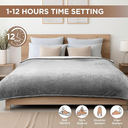 Westinghouse Electric Blanket Queen, Flower Jacquard Heated Blanket Queen Size with 10 Heating Levels and 1-12 Hours Auto-Off, Flannel to Sherpa Reversible, Machine Washable, 84" x 90" Inch, Grey
