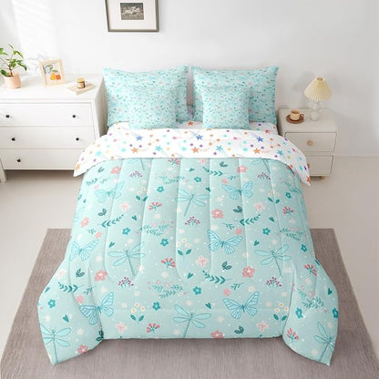 Feelyou Butterfly Dragonfly 7 Piece Bedding Set Mint Green Comforter Set with Sheets for Kids Boys Girls Flowers and Plants Bed in a Bag Nature Plants Bed Set Soft Lightweight