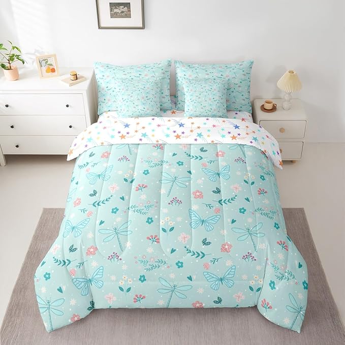 Feelyou Butterfly Dragonfly 7 Piece Bedding Set Mint Green Comforter Set with Sheets for Kids Boys Girls Flowers and Plants Bed in a Bag Nature Plants Bed Set Soft Lightweight