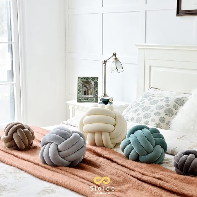 Sioloc Soft Knot Ball Pillows,Round Throw Pillow Cushion Home Decoration Plush Pillow,Throw Knotted Pillow Handmade Round Plush Pillow（10.6inches,Brown）
