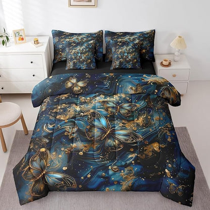Erosebridal Blue and Gold Marble Comforter Set Twin with Sheets,Gradient Abstract Bedding Set 7 Piece Boho Room Decor,Trippy Butterfly Bed in a Bag with Fitted Sheet,Flat Sheet,Pillowcases & Shams
