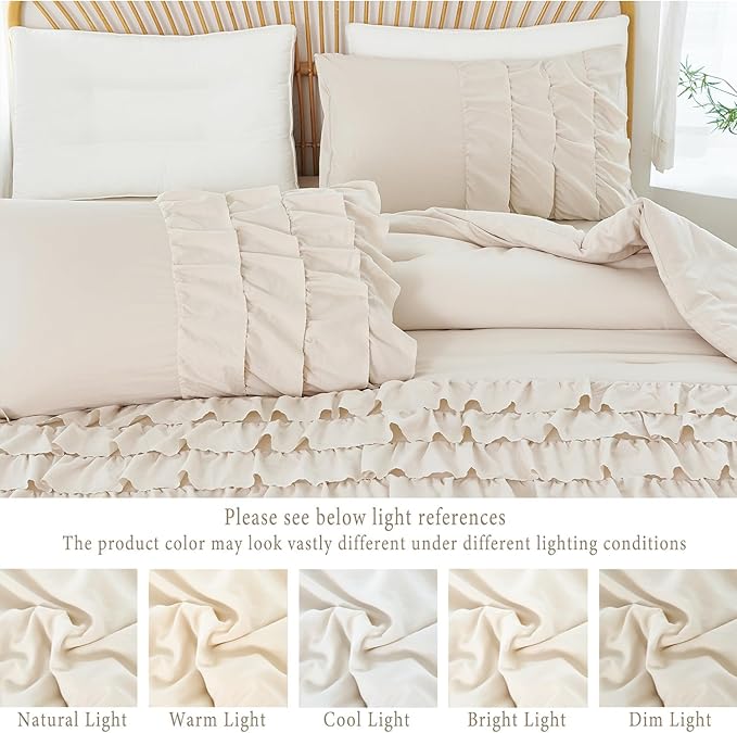 PERFEMET Full Comforter Set 3 Pieces Beige Ruffled Comforter Set Shabby Chic Bedding Sets for Women Teen Girls Fluffy for All Season