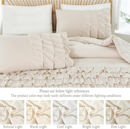 PERFEMET Full Comforter Set 3 Pieces Beige Ruffled Comforter Set Shabby Chic Bedding Sets for Women Teen Girls Fluffy for All Season