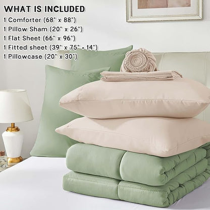 Anluoer Twin Size Bed in a Bag 5 Pieces, Sage Green Bed Comforter Set with Sheets, All Season Bedding Sets with 1 Comforter, 1 Pillow Sham, 1 Pillowcase, 1 Flat Sheet, 1 Fitted Sheet