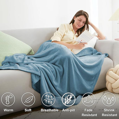 Hansleep Fleece Blanket for Couch Washed Blue, Super Soft Flannel Fuzzy Throw Plush Cozy Blanket for All Seasons, Washed Blue, Throw 50x60 Inches
