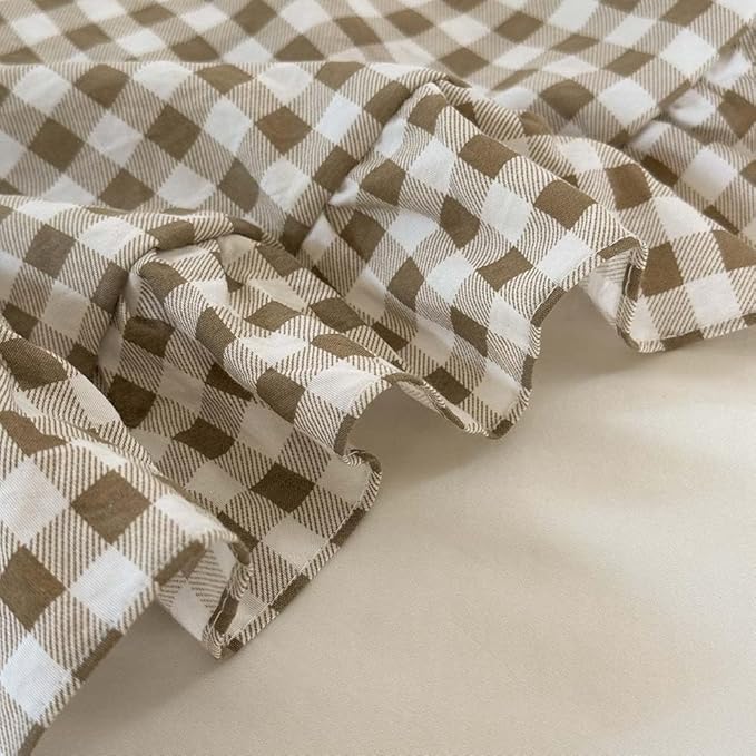 NSNLGSGC Tan Ruffle Gingham Comforter Set Twin, Pre-Washed Ruffled Taupe Plaid Checked Comforter Bedding, 2 Pieces Vintage Farmhouse Grid Bedding Set(Tan Gingham, Twin)