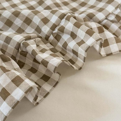 NSNLGSGC Tan Ruffle Gingham Comforter Set Twin, Pre-Washed Ruffled Taupe Plaid Checked Comforter Bedding, 2 Pieces Vintage Farmhouse Grid Bedding Set(Tan Gingham, Twin)
