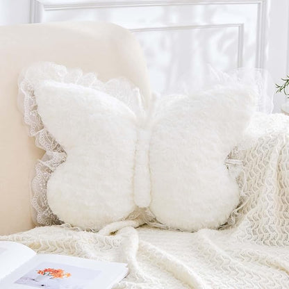 Butterfly Pillow White Decorative Pillows 20" Butterfly Shaped Cute Throw Pillows with Lace Aesthetic Bow Plush Cushion for Room Decor Bed Sofa Couch