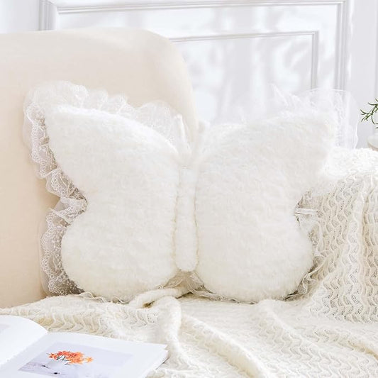 Butterfly Pillow White Decorative Pillows 20" Butterfly Shaped Cute Throw Pillows with Lace Aesthetic Bow Plush Cushion for Room Decor Bed Sofa Couch