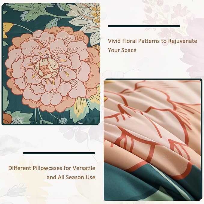 DJY 7 Pieces Green Floral Comforter Set Bed in a Bag Queen, Boho Botanical Comforters Sets with Sheets Set, Soft Microfiber Farmhouse Bedding Set for All Season(90''x90'')