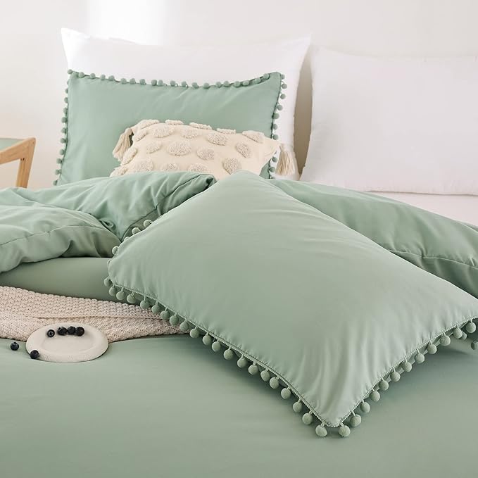YIRDDEO King Size Comforter Set - King Size Comforter with Ball Pom Fringe, Soft King Bedding Set for All Seasons - 3 Pieces, 1 Comforter (104"x90"inches) & 2 Pillow Shams(20"x36"), Sage Green