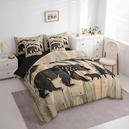 Erosebridal Rustic Cabin Bear 7 Piece Comforter Set Queen | Jungle Hunting Wildlife Bed in A Bag Wild Animals Sheet Set Reversible Grain Barn Door Farmhouse Fitted Sheet Breathable Lightweight