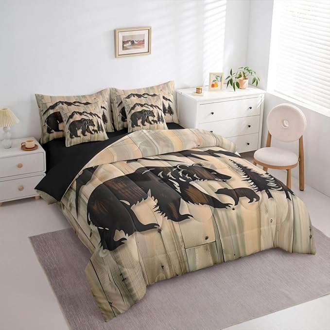 Erosebridal Rustic Cabin Bear 7 Piece Comforter Set Twin | Jungle Hunting Wildlife Bed in A Bag Wild Animals Sheet Set Reversible Grain Barn Door Farmhouse Fitted Sheet Breathable Lightweight